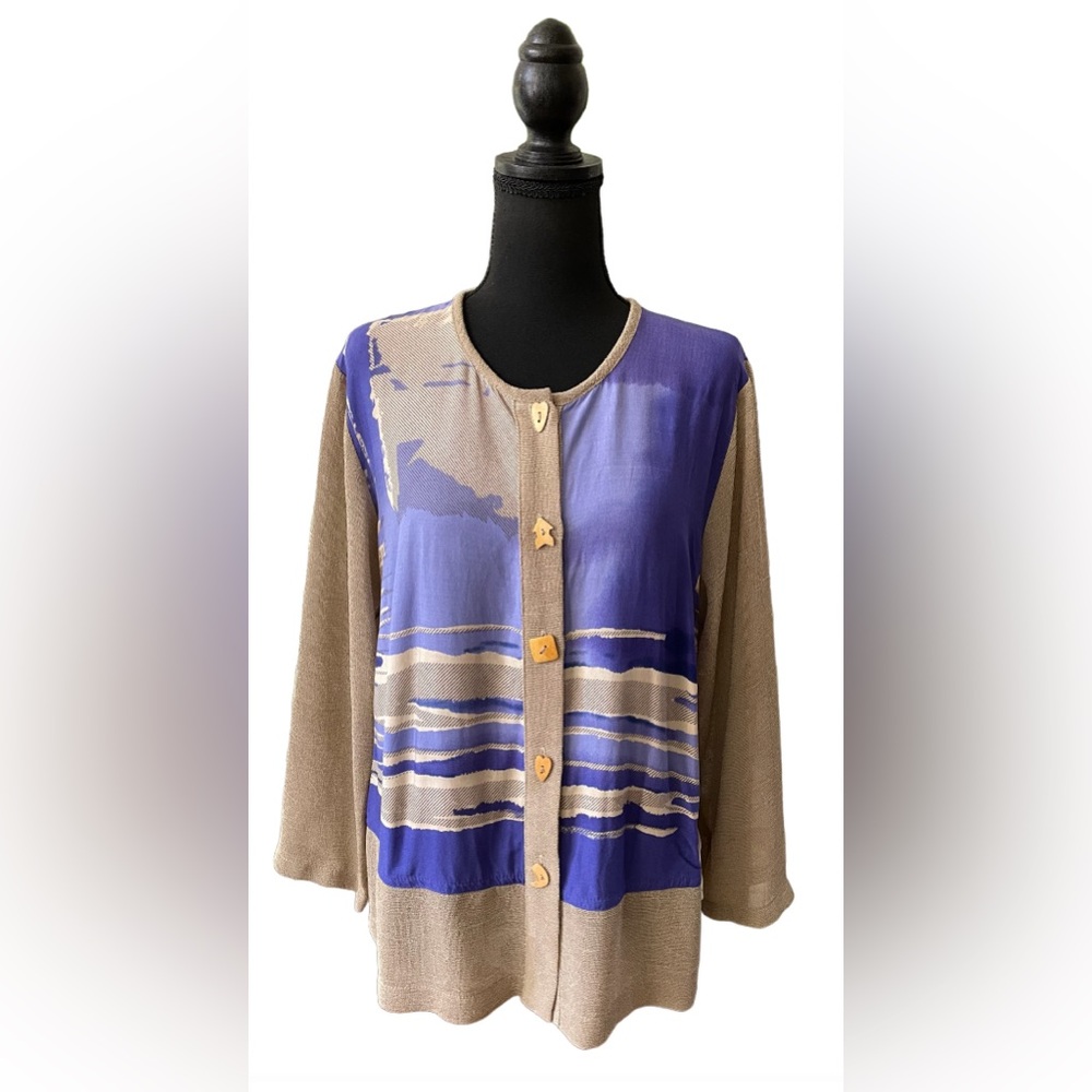 Nino Wong California: Tan and Purple Button Down Shirt with Unique Buttons